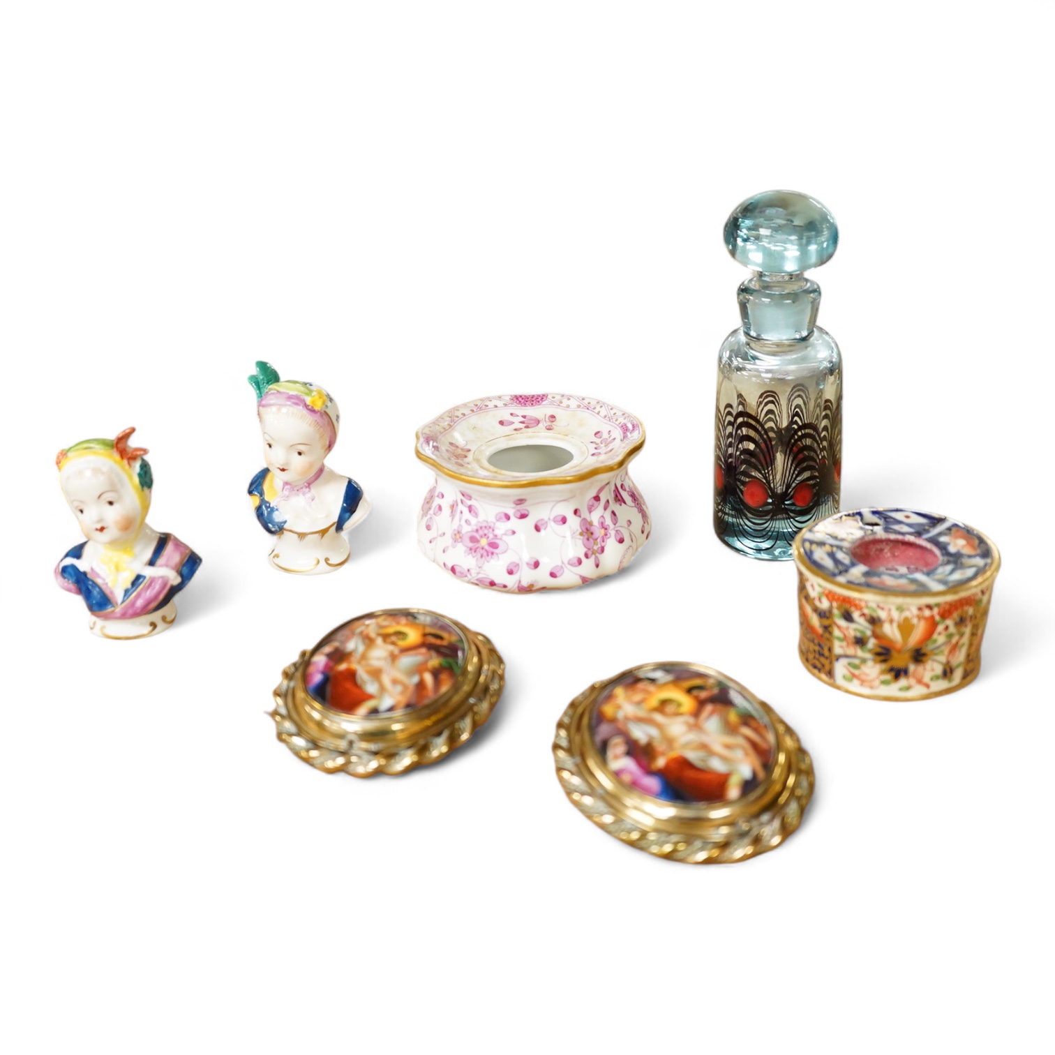 Two Paris porcelain miniatures of the Descent from the Cross, a Meissen inkwell, Staffordshire miniature busts etc, largest 13.5cm high